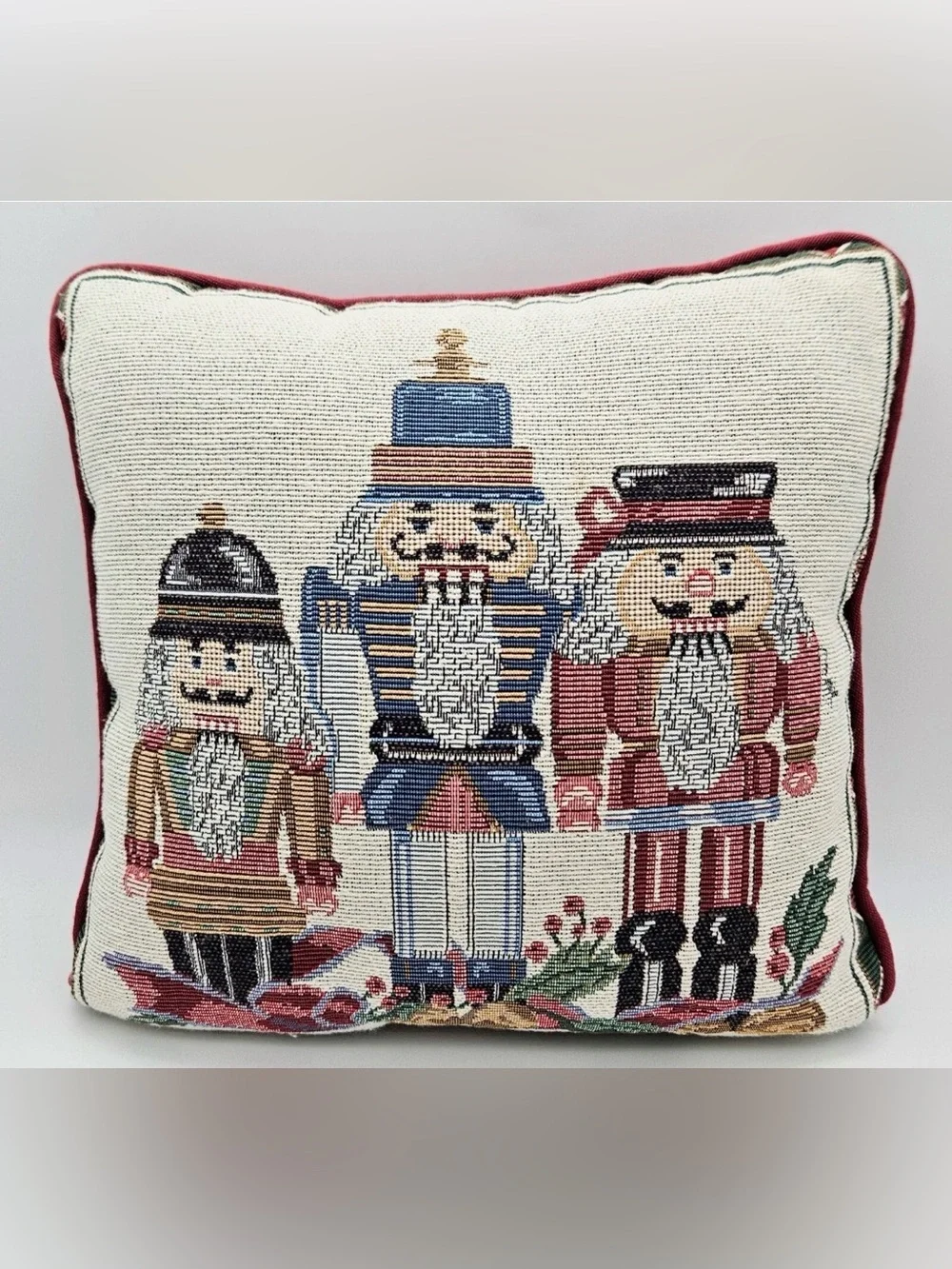 Vintage Christmas Nutcracker Tapestry Throw Pillow Trio Burgundy Piping 12x12